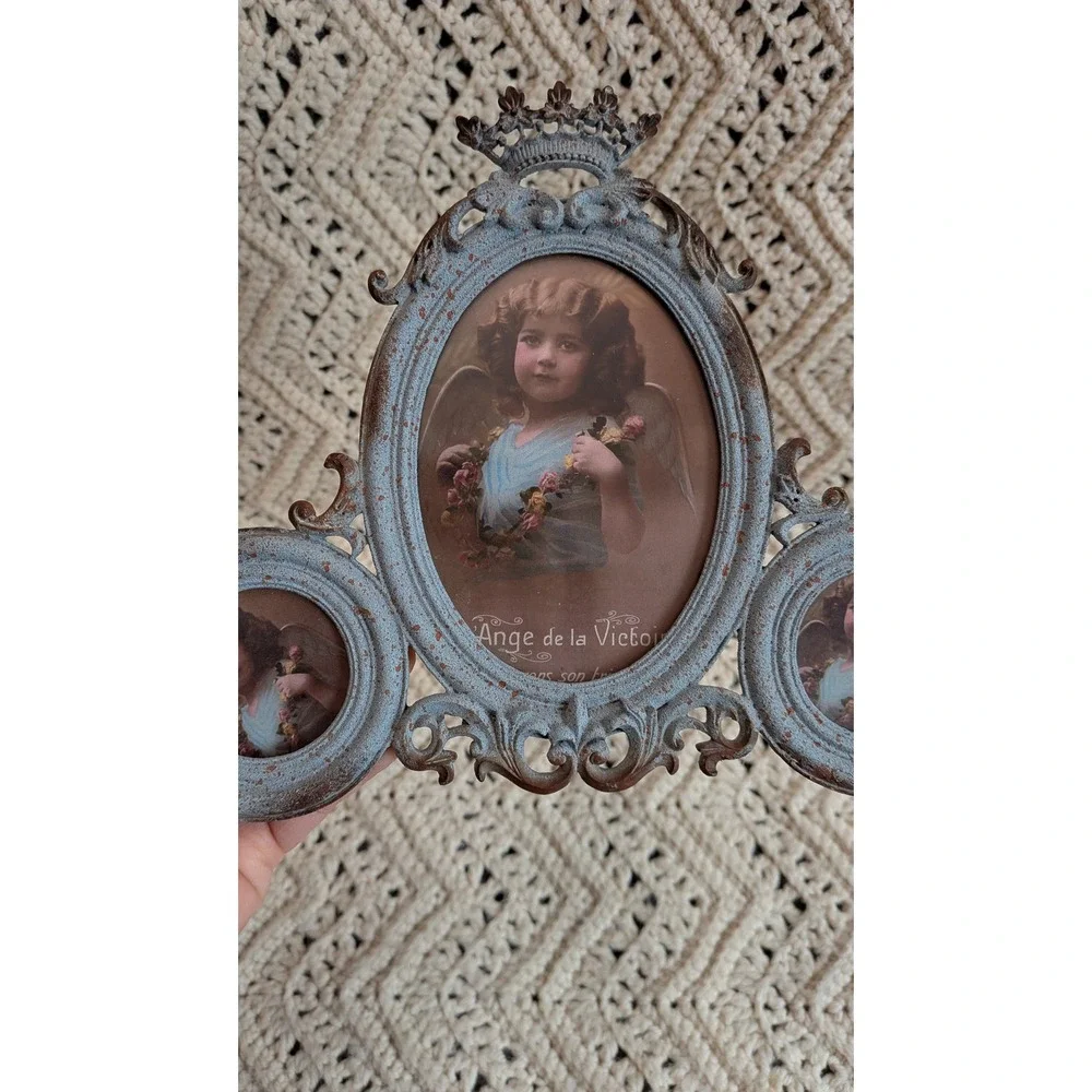 Vintage Style Ornate Crown Triptych Photo Frame Blue Distressed 3-Way Tabletop